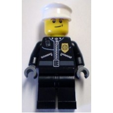 cty256 Police - City Leather Jacket with Gold Badge and 'POLICE' on Back, White Hat, Lopsided Smile 